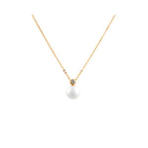 A 9ct yellow gold pearl and diamond pendant and chain.