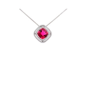 An 18ct white gold rubellite tourmaline and diamond set cluster pendant and chain.