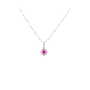 An 18ct white gold pink sapphire cluster pendant with round brilliant cut diamonds on a chain.