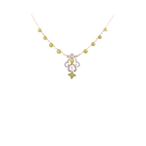 A peridot, cultured pearl and diamond drop necklace.