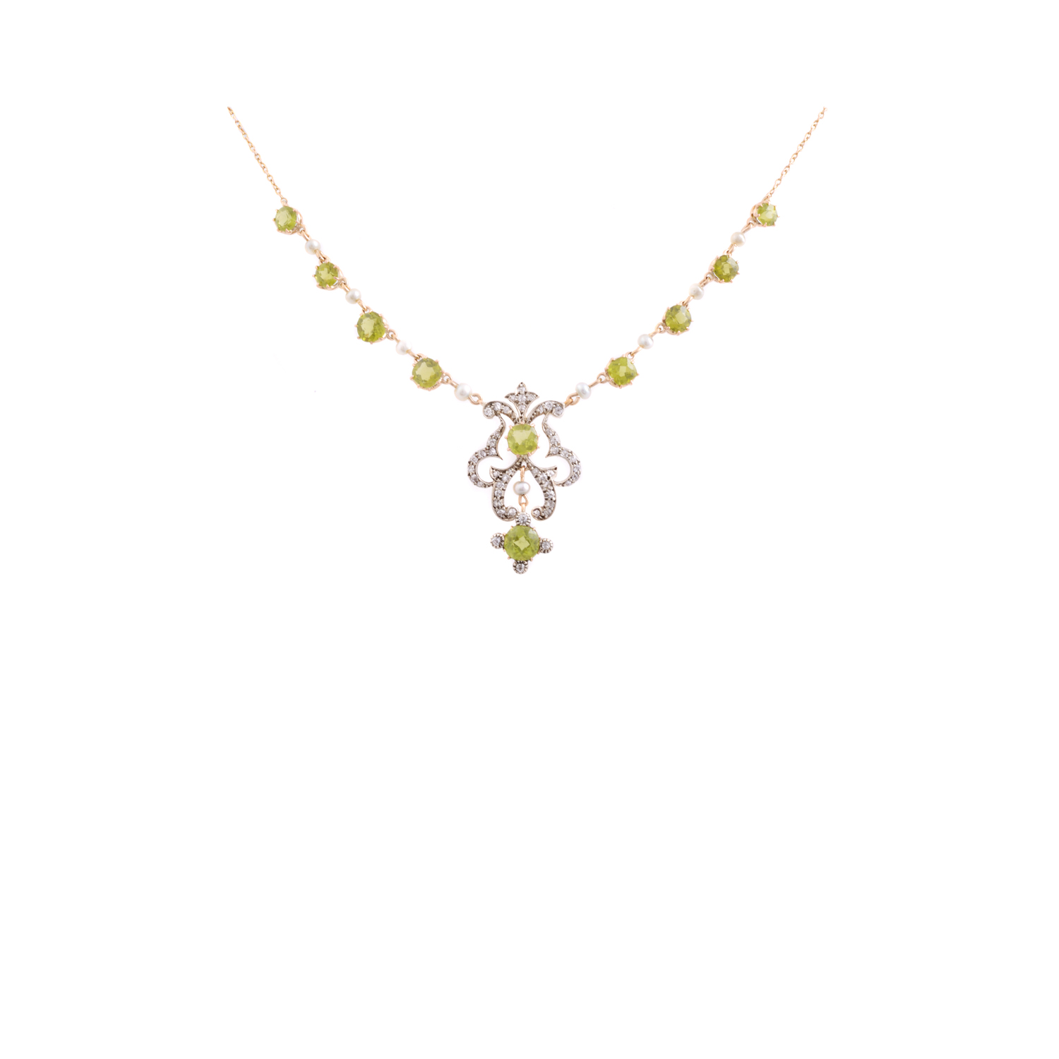 A peridot, cultured pearl and diamond drop necklace.