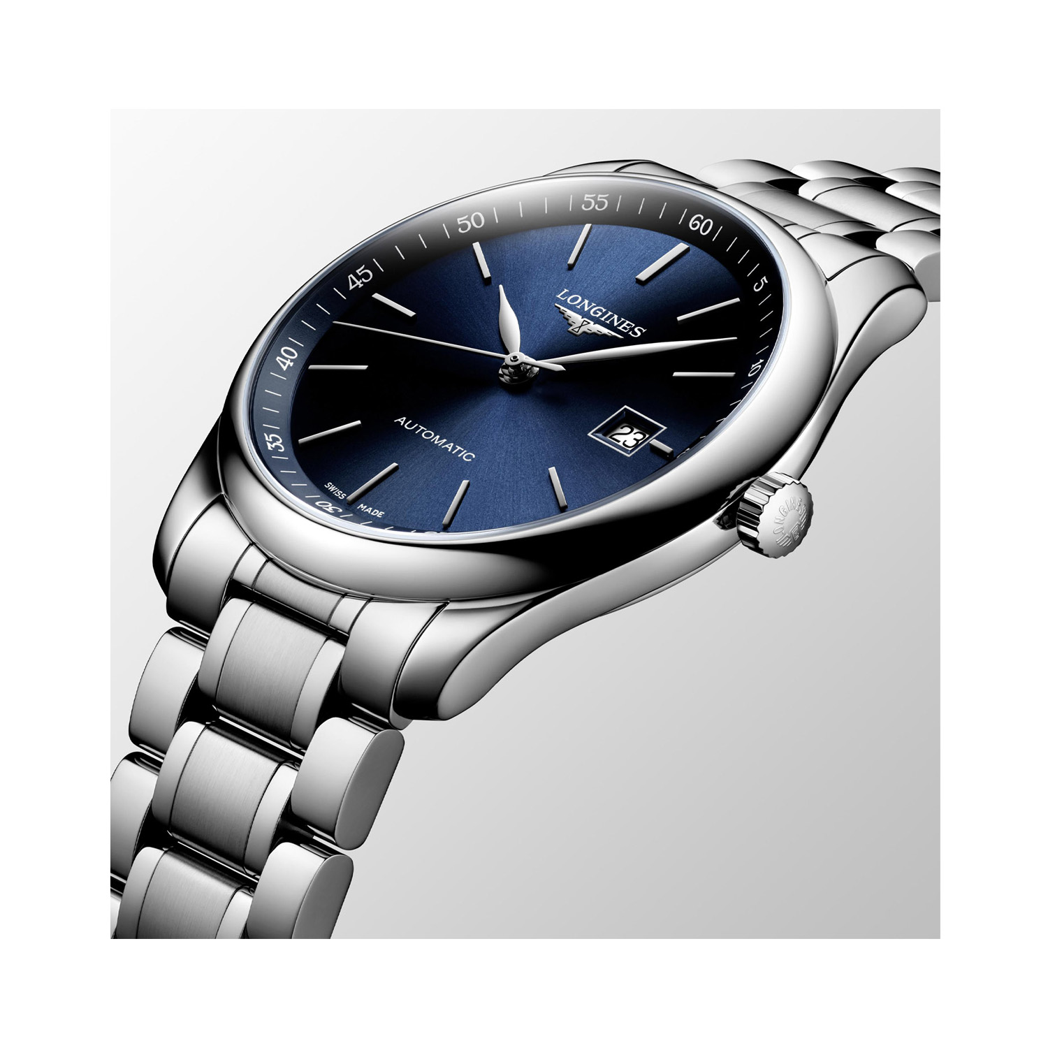Longines, Master Collection with a 40mm stainless steel case and bracelet strap featuring a date function and a blue dial.