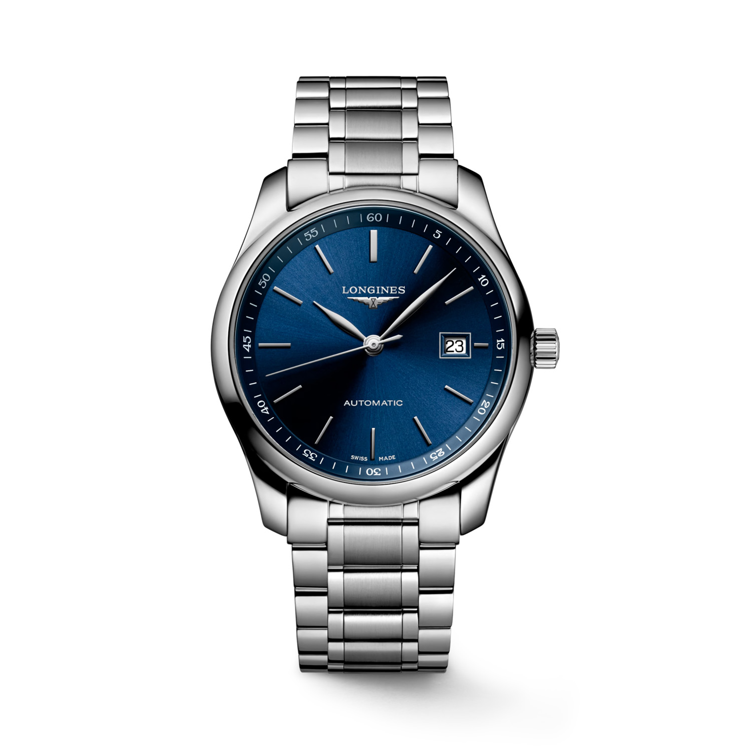 Longines, Master Collection with a 40mm stainless steel case and bracelet strap featuring a date function and a blue dial.