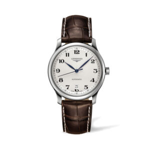 Longines, Master Collection with a 38.5mm stainless steel case and brown leather strap featuring a date function and a silver dial.