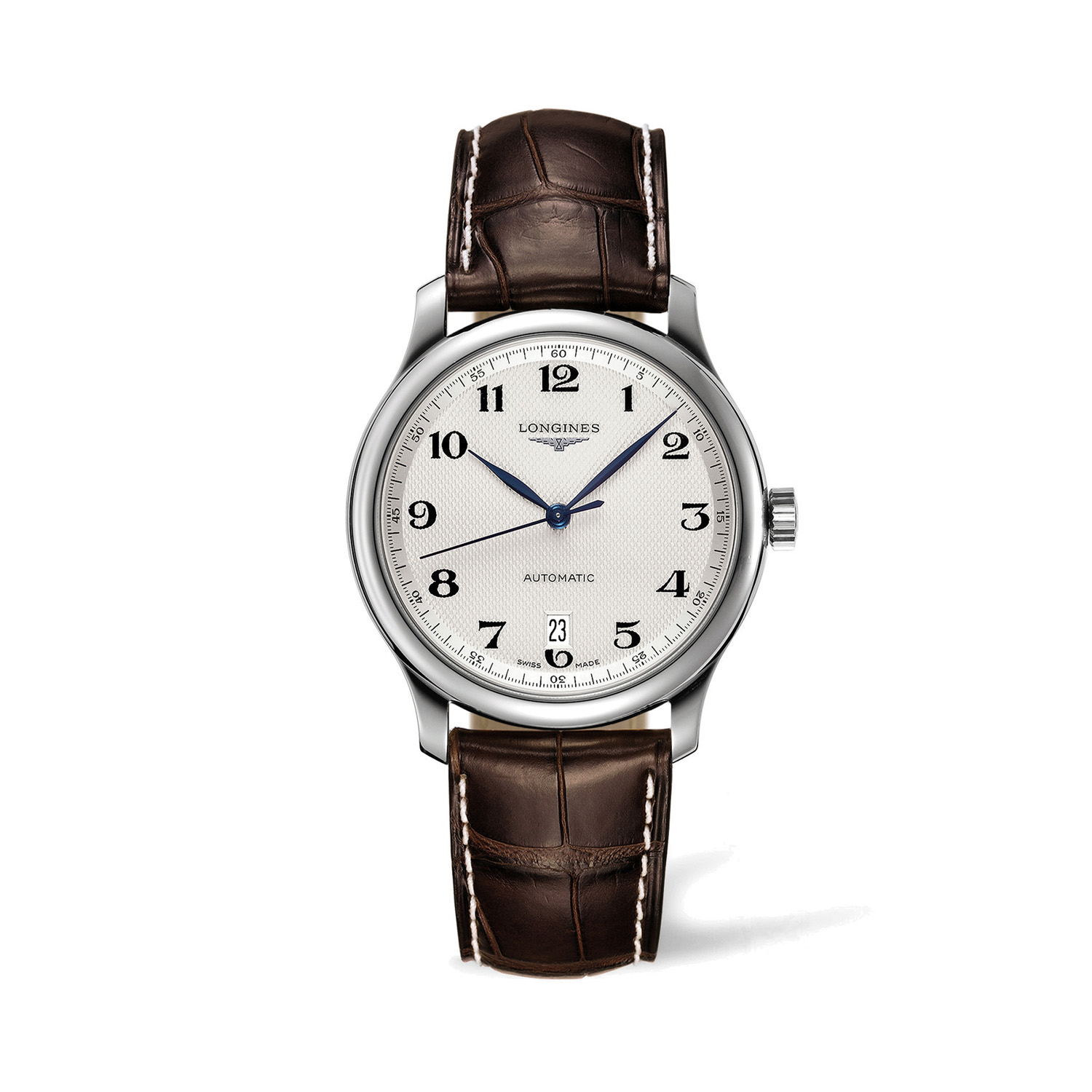 Longines, Master Collection Silver, Automatic Men’s Watch Longines, Master Collection with a 38.5mm stainless steel case and brown leather strap featuring a date function and a silver dial.