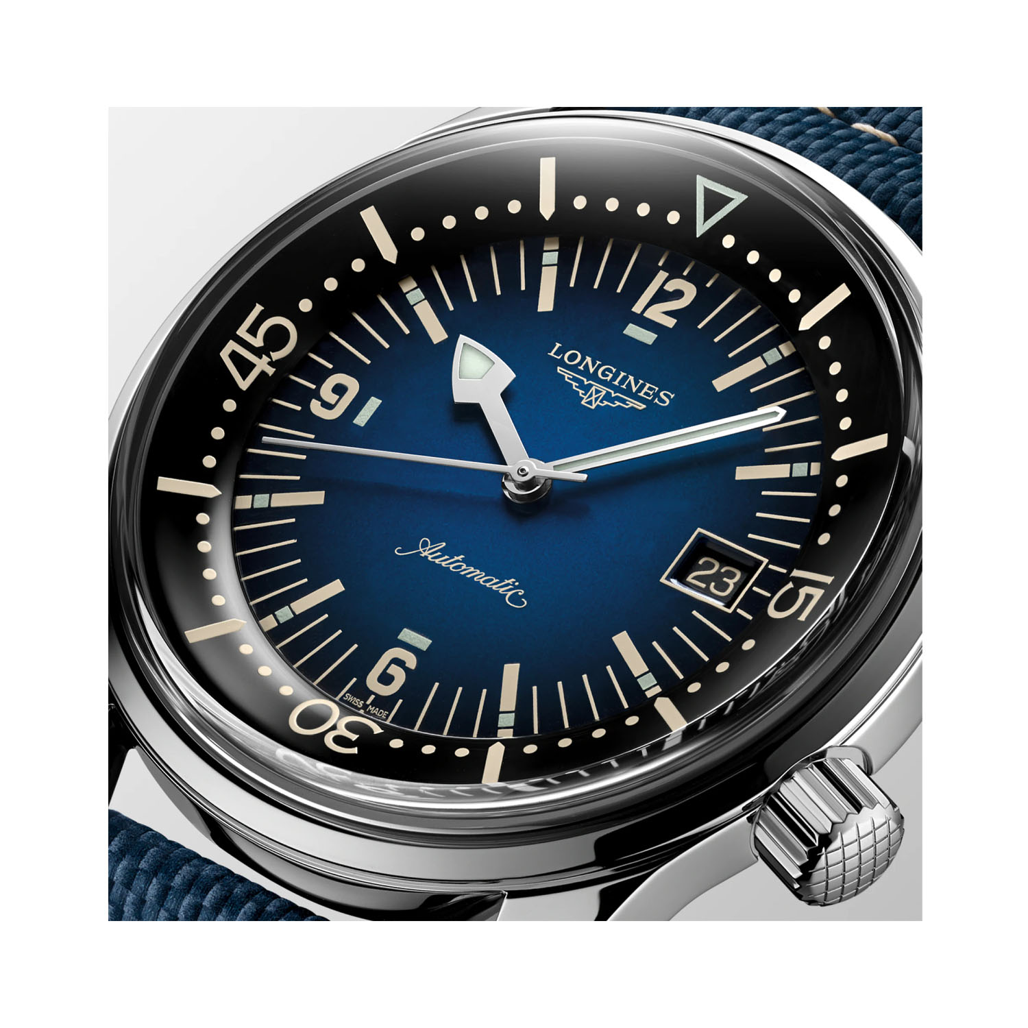 Longines, Legend Diver with a 42mm stainless steel case and a blue leather strap featuring a date function and a blue dial.