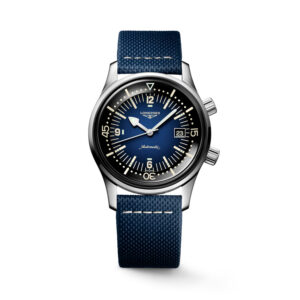 Longines, Legend Diver with a 42mm stainless steel case and a blue leather strap featuring a date function and a blue dial.