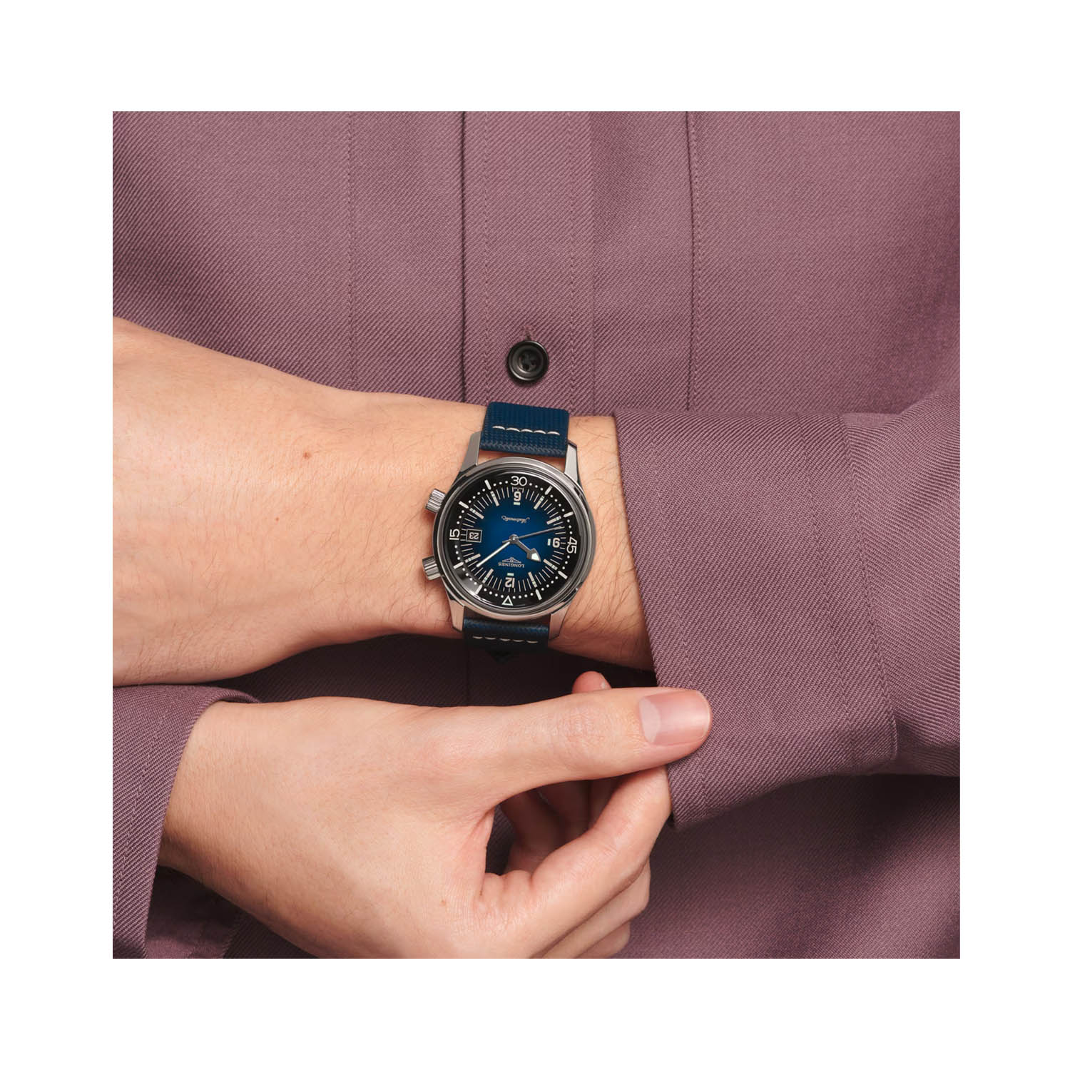 Longines, Legend Diver with a 42mm stainless steel case and a blue leather strap featuring a date function and a blue dial.