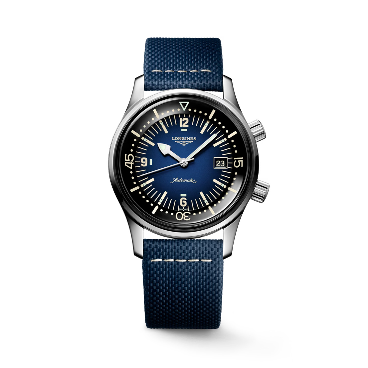 Longines, Legend Diver with a 42mm stainless steel case and a blue leather strap featuring a date function and a blue dial.