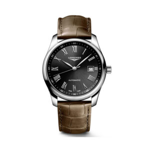 Longines, Master Collection with a 40mm stainless steel case and brown leather strap featuring a date function and a black dial.