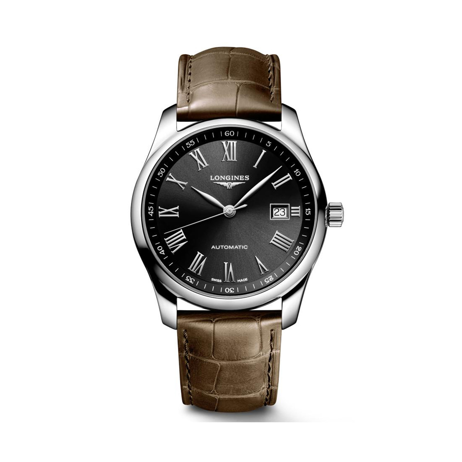 Longines, Master Collection with a 40mm stainless steel case and brown leather strap featuring a date function and a black dial.