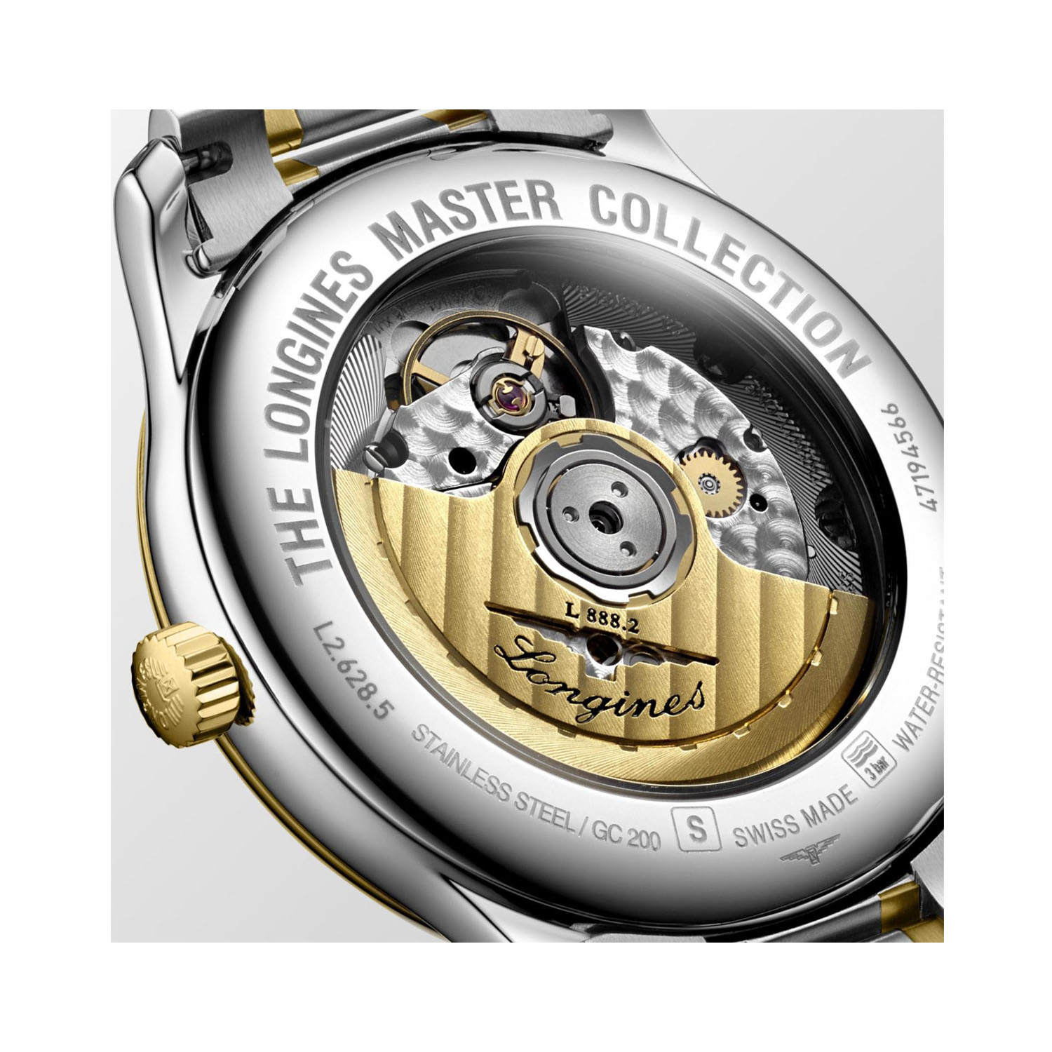 Longines, Master Collection with a 38.5mm stainless steel and yellow gold PVD coated case and bracelet strap featuring a date function and a white dial.