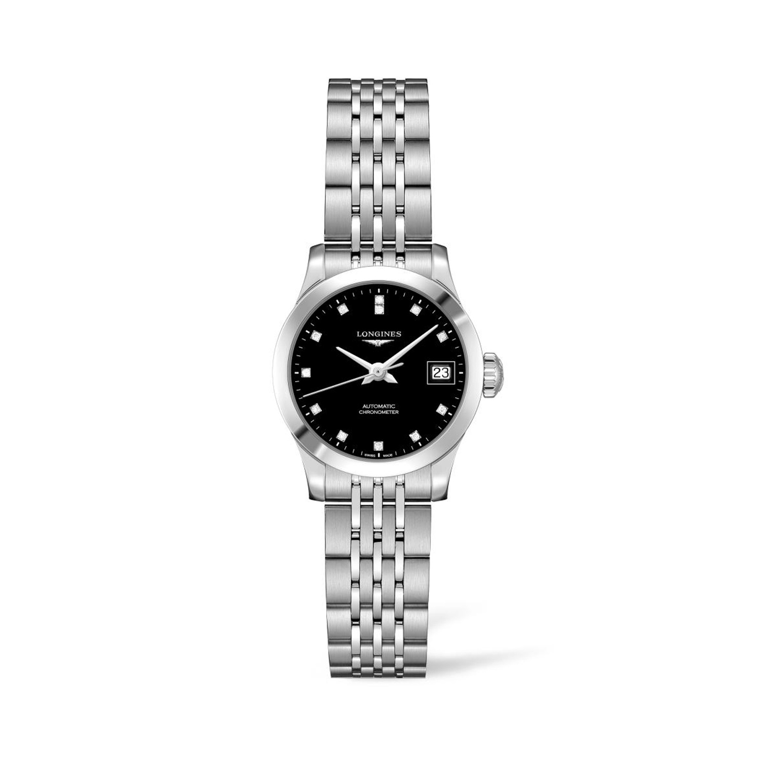 Longines, Record Collection with Diamonds, Automatic Women's Watch Longines, Record Collection with a 26mm stainless steel case and bracelet strap featuring a date function and a diamond set black dial.