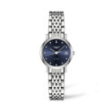 Longines, Elegant Collection with a 25.5mm stainless steel case and bracelet strap featuring a date function and a diamond set blue dial.