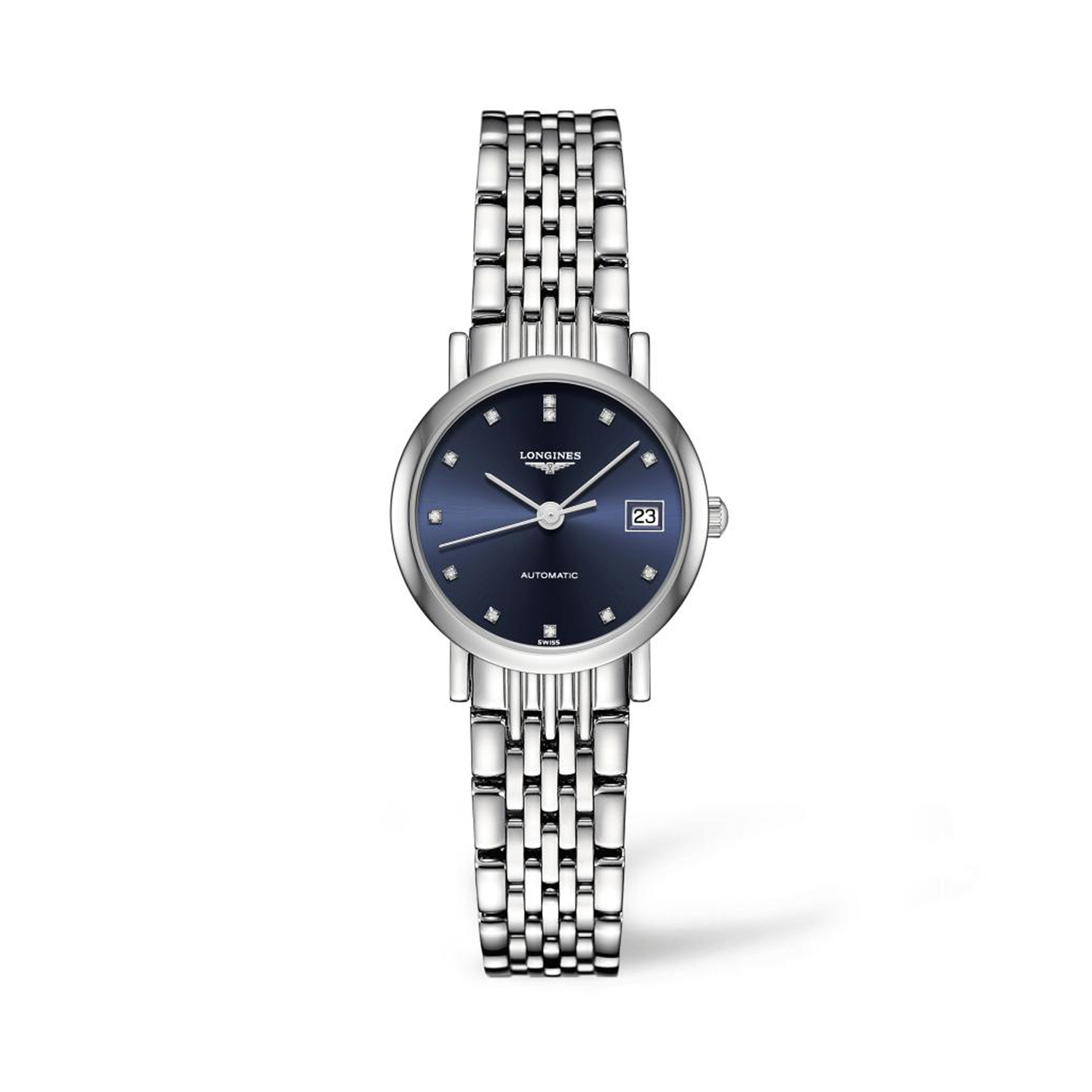 Longines, Elegant Collection with a 25.5mm stainless steel case and bracelet strap featuring a date function and a diamond set blue dial.