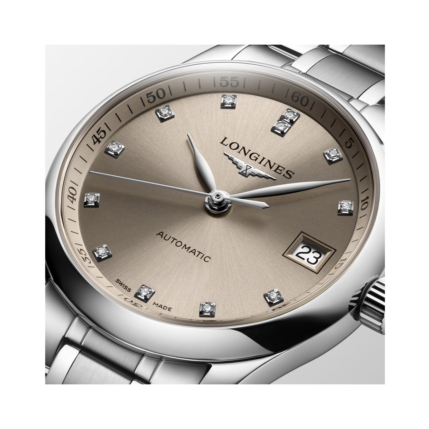 Longines, Master Collection Beige with Diamonds, Automatic Women's Watch Longines, Master Collection with a 34mm stainless steel case and bracelet strap featuring a date function and a beige coloured diamond set dial.