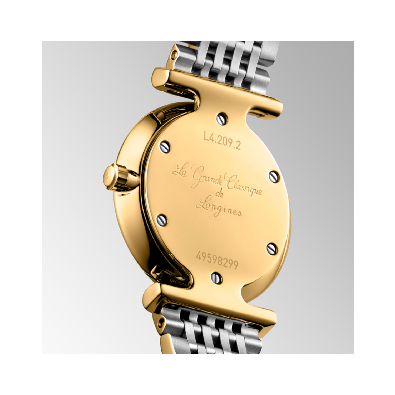 Longines, La Grande Classique with a 24mm stainless steel yellow PVD coated case and bracelet strap featuring a mother of pearl diamond set dial.