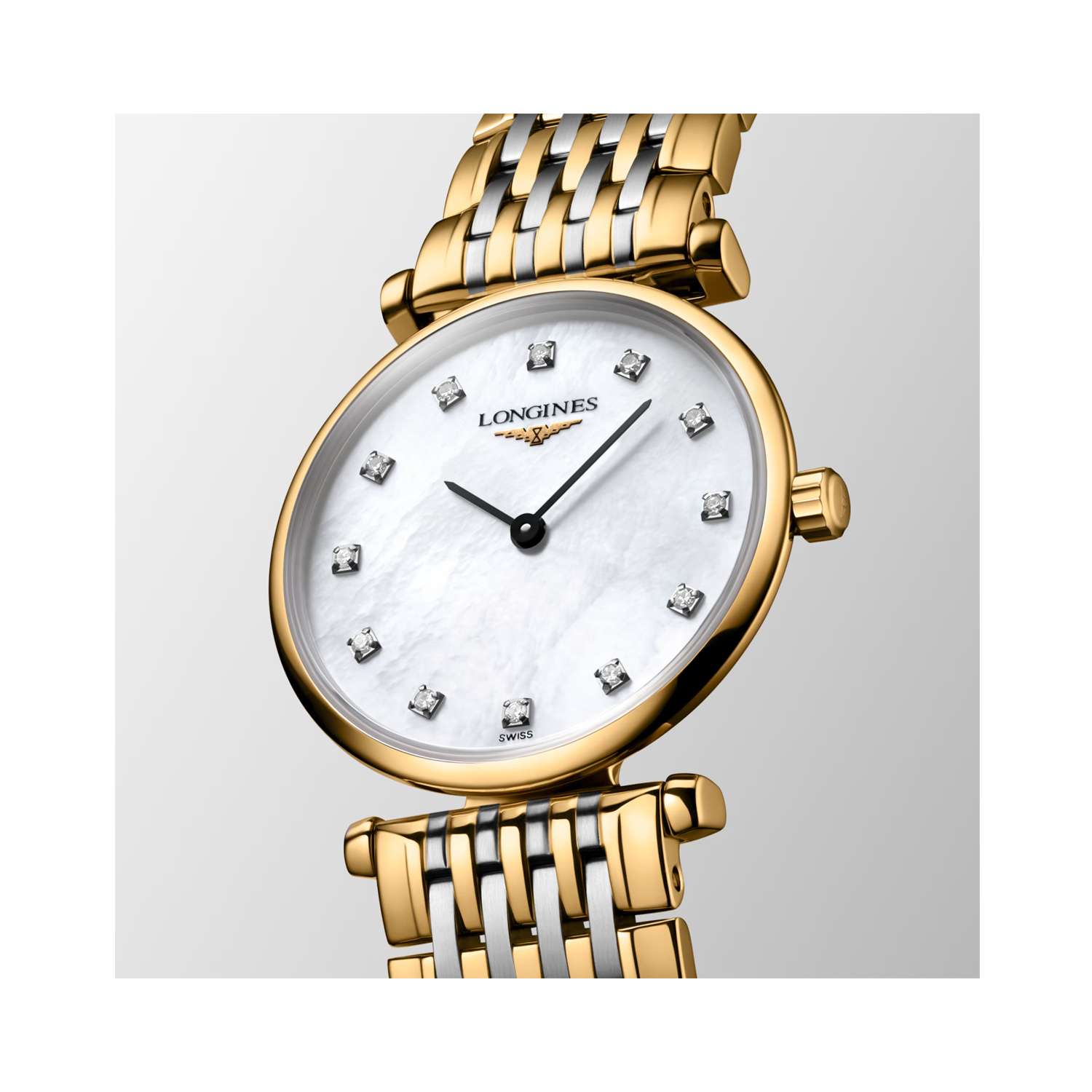 Longines, La Grande Classique with a 24mm stainless steel yellow PVD coated case and bracelet strap featuring a mother of pearl diamond set dial.