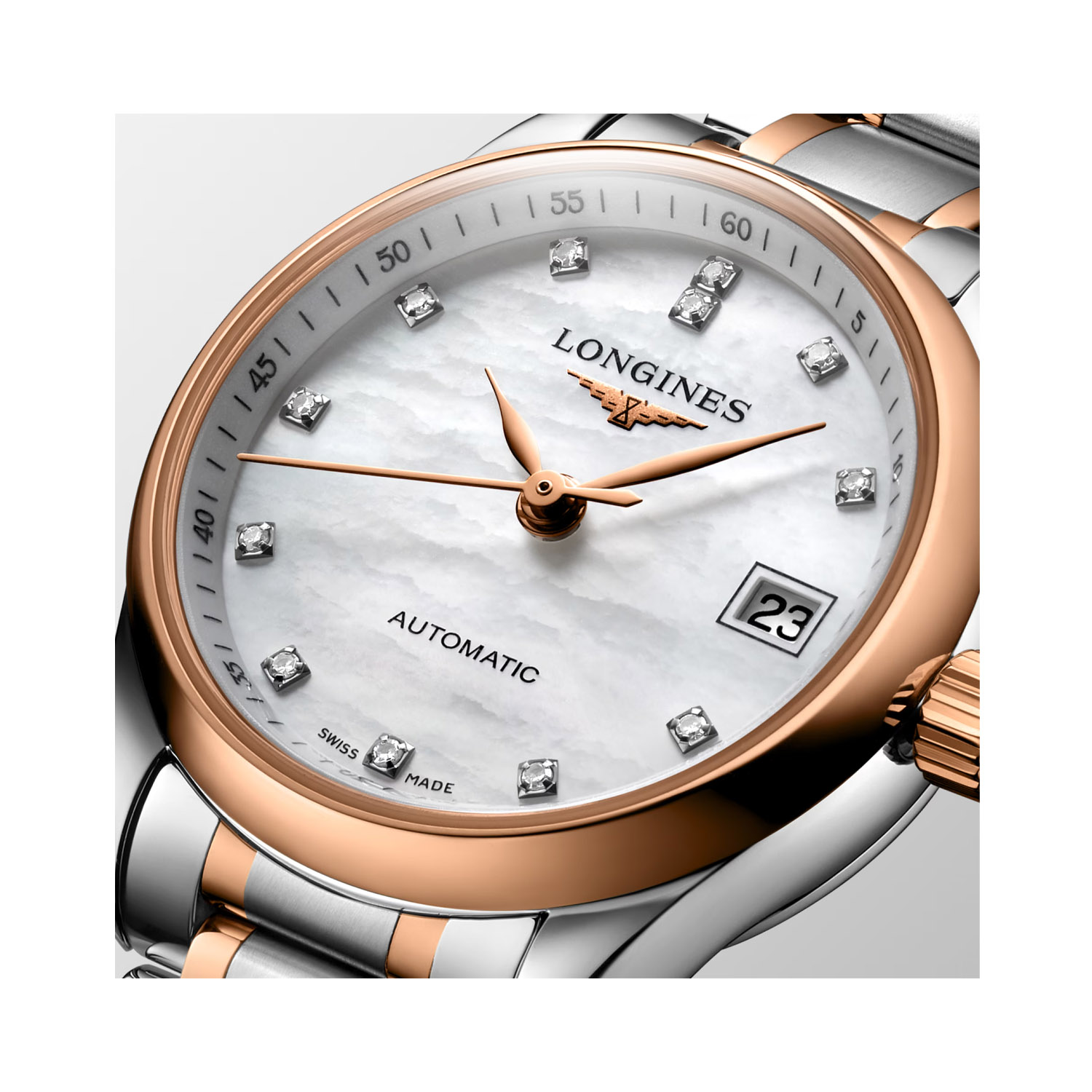 Longines, Master Collection with a 25.5mm stainless steel and 18ct rose gold case and bracelet strap featuring a date function and a diamond set mother of pearl dial.