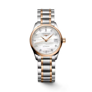 Longines, Master Collection with a 25.5mm stainless steel and 18ct rose gold case and bracelet strap featuring a date function and a diamond set mother of pearl dial.
