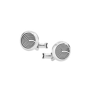 A pair of round Montblanc stainless steel cufflinks with fingerprint-patterned inlay.