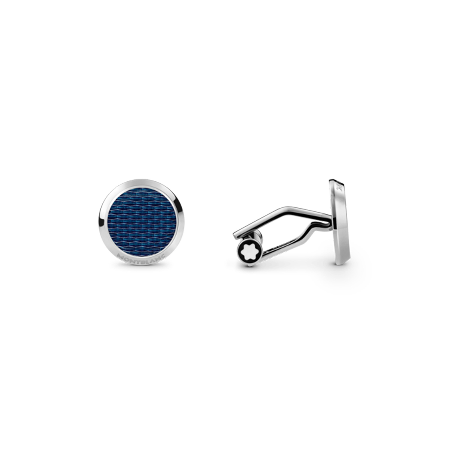 A pair of Montblanc, Meisterstück Glacier cufflinks are made in stainless steel inlaid with blue textured lacquer.