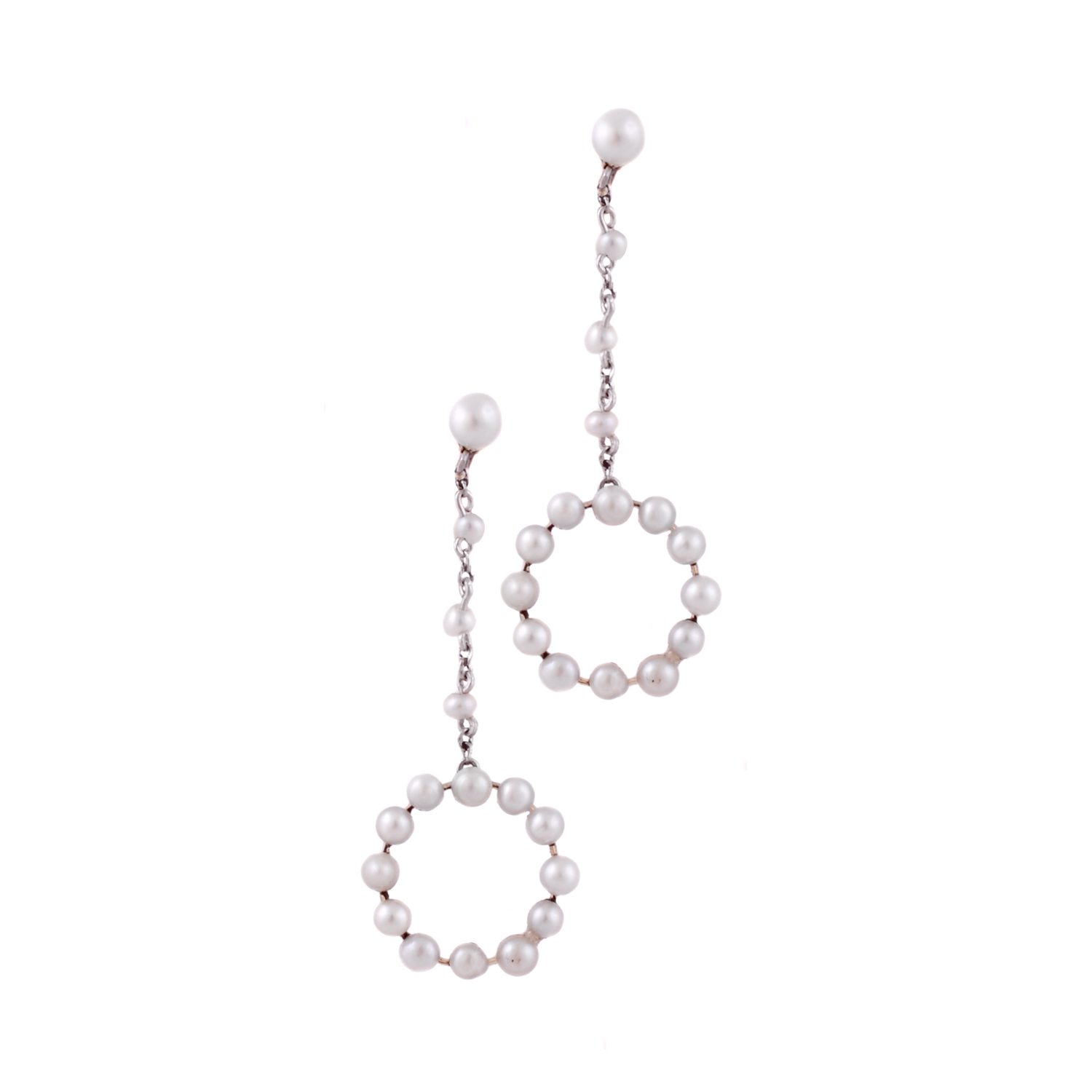 A pair of natural seed pearl, circle and chain drop earrings with screw fittings and 31mm long drop. Circa 1915.