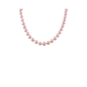 A soft peach coloured freshwater pearl necklace in a single row with an 18ct yellow gold clasp.