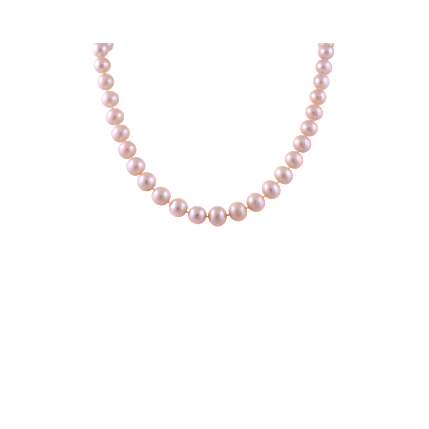 Single Row Freshwater Pearl Necklace A soft peach coloured freshwater pearl necklace in a single row with an 18ct yellow gold clasp.