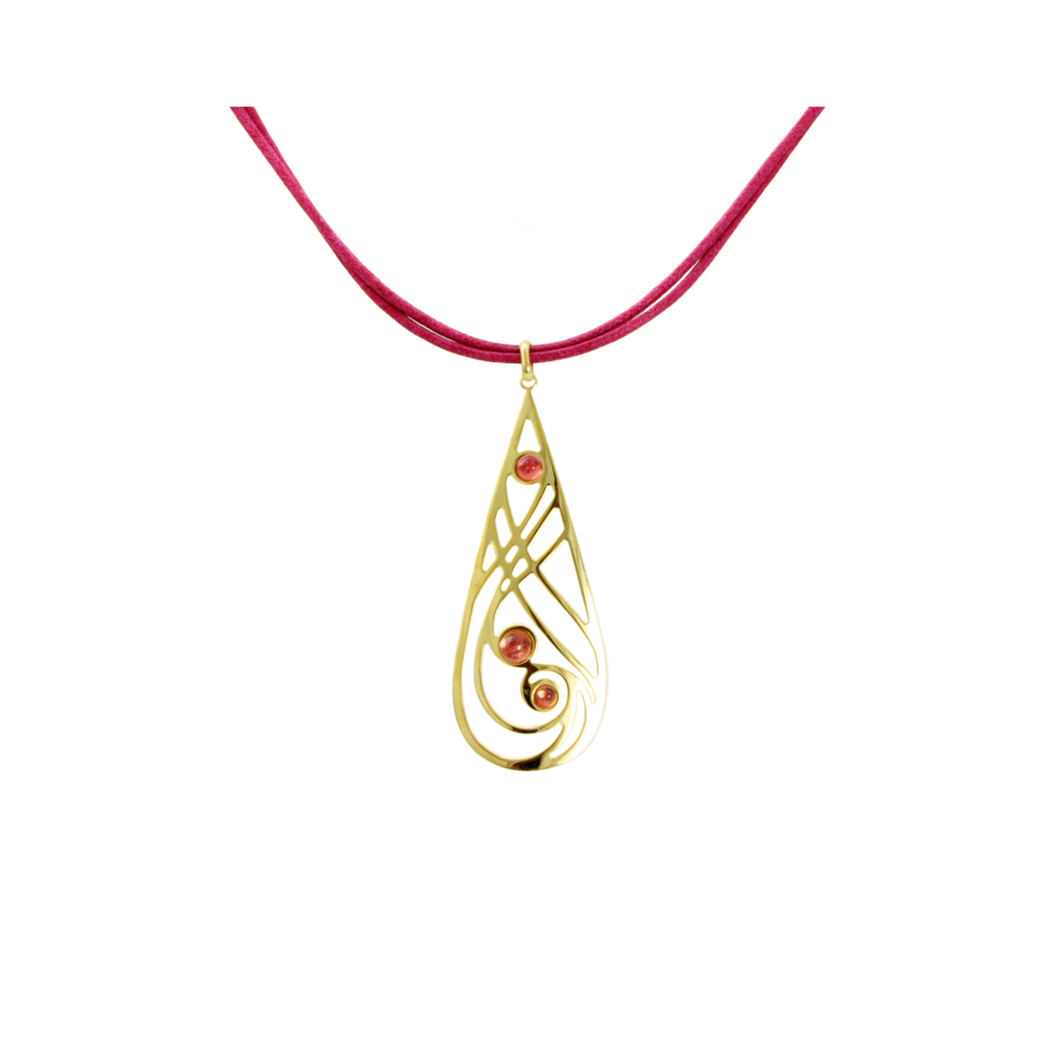 A 9ct yellow gold pendant set with three pink tourmaline stones on a pink cord.