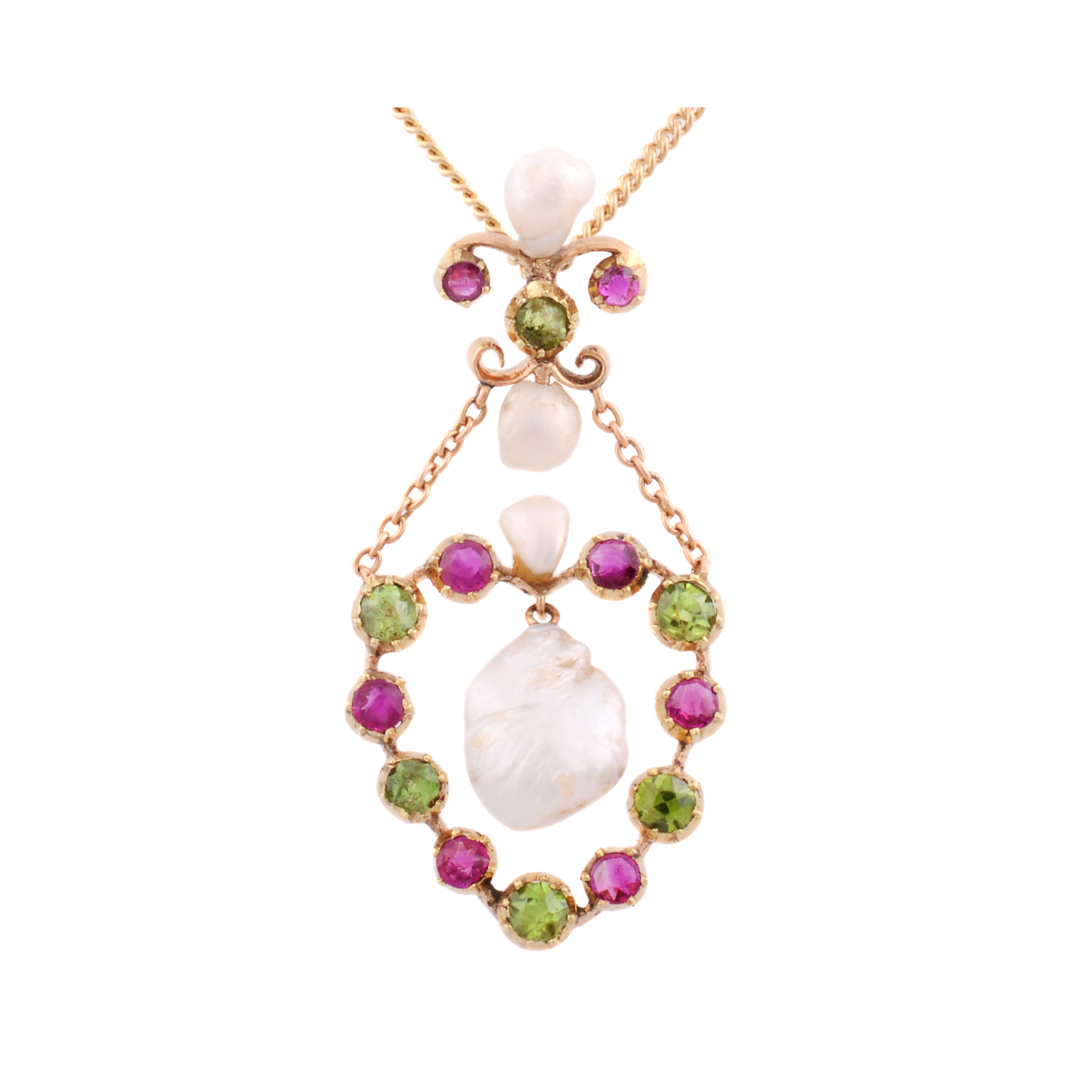 An antique pendant set with three pearls, six peridots and eight rubies.