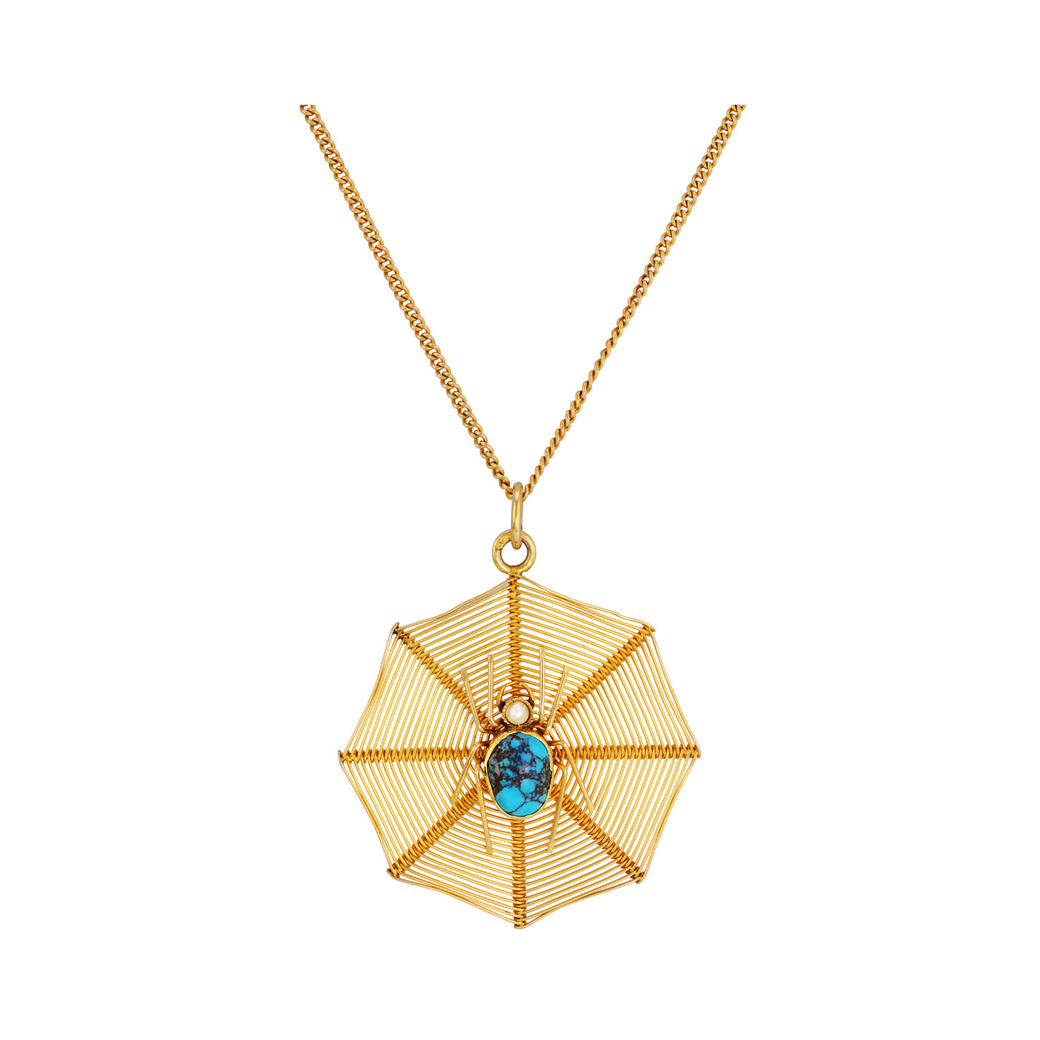 An early 20th century 9ct yellow gold turquoise matrix and pearl spider and web pendant with chain.