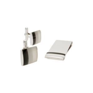 A pair of silver mother of pearl set cufflinks and money clip.