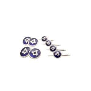 A pair of silver, blue enamelled masonic emblem cufflinks with four silver shirt studs.