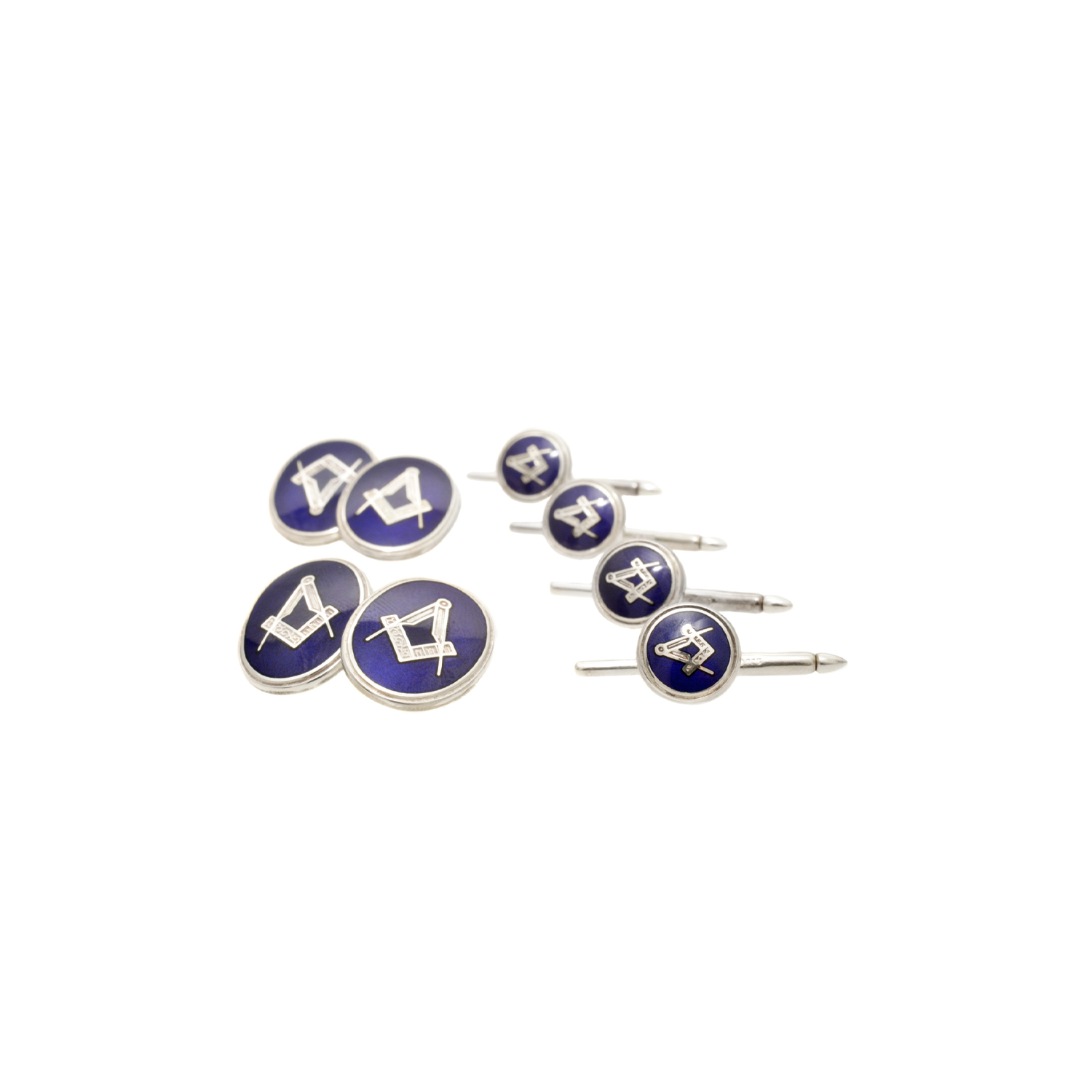 A pair of silver, blue enamelled masonic emblem cufflinks with four silver shirt studs.