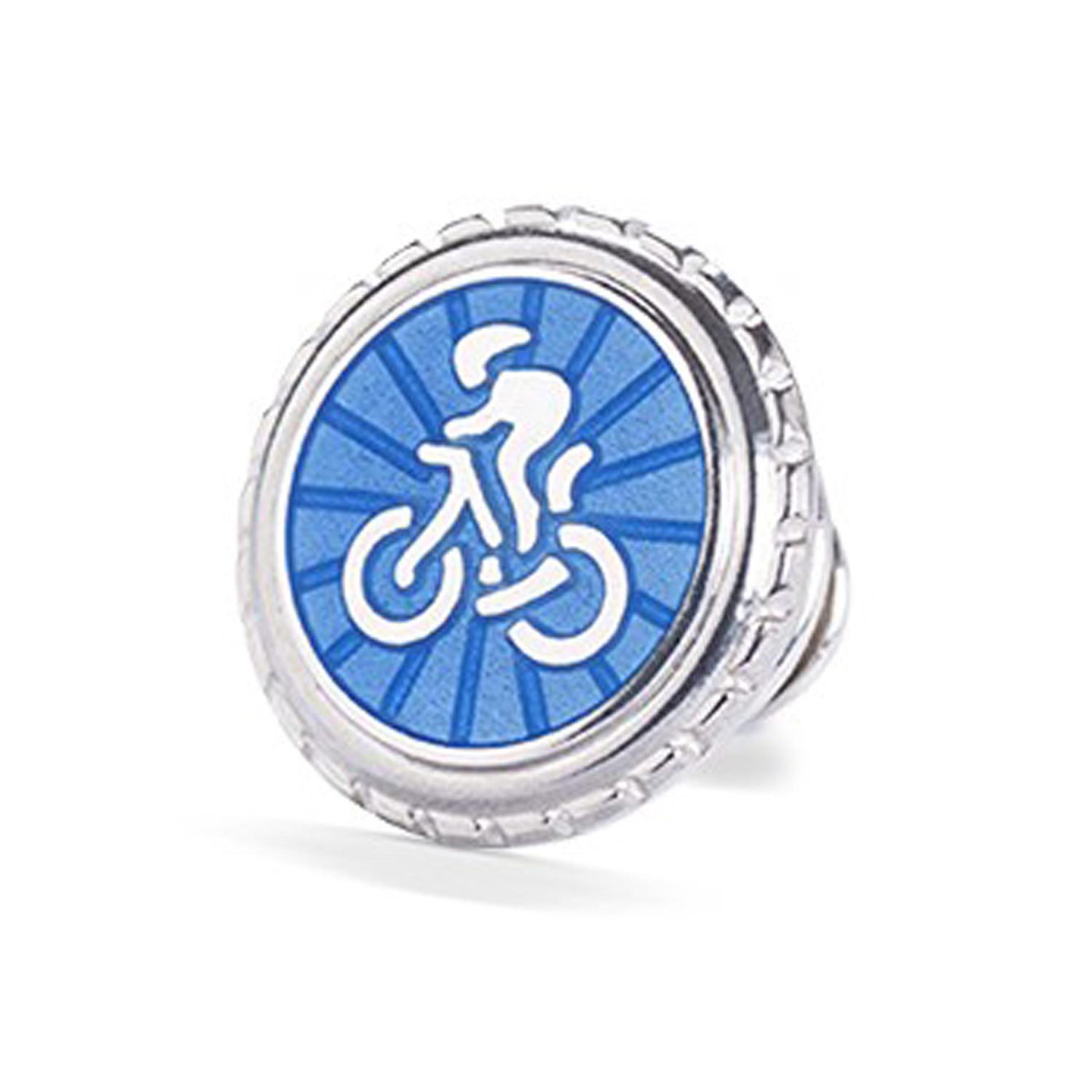 A sterling silver and blue enamelled lapel pin with a cyclist design.