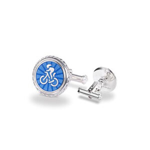 A pair of blue enamelled cycling design cufflinks crafted in silver.