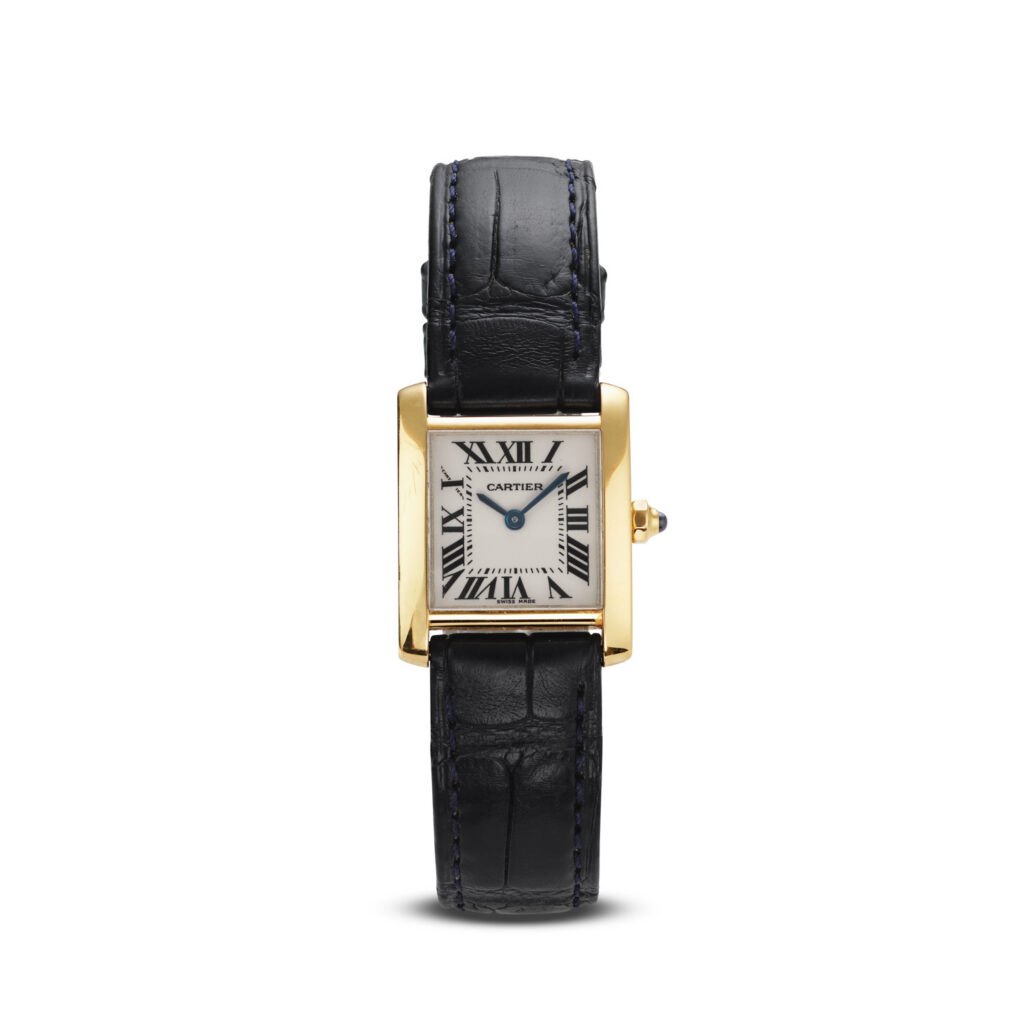 Pre owned Cartier watch with black leather strap and gold case