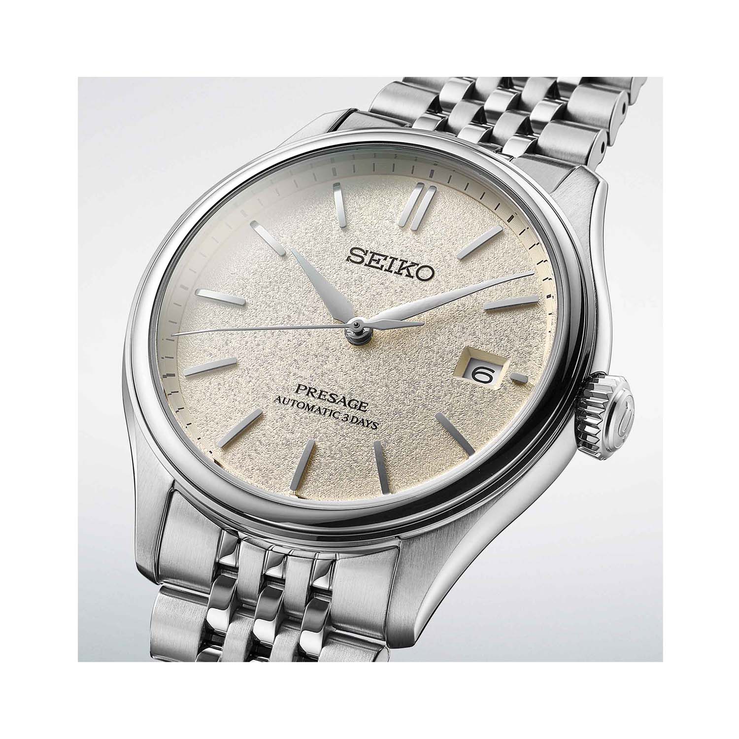 Seiko, Presage Classic Series 'Shiro-Iro', Automatic Men's Watch Seiko, Presage Classic Series 'Shiro-Iro' with a 40.2mm stainless steel case and bracelet strap featuring a date function and a warm white dial.