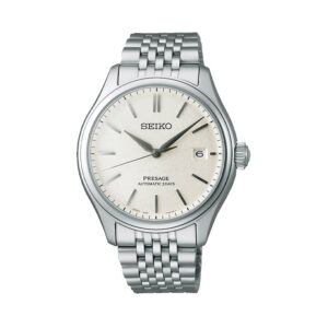 Seiko, Presage Classic Series 'Shiro-Iro' with a 40.2mm stainless steel case and bracelet strap featuring a date function and a warm white dial.