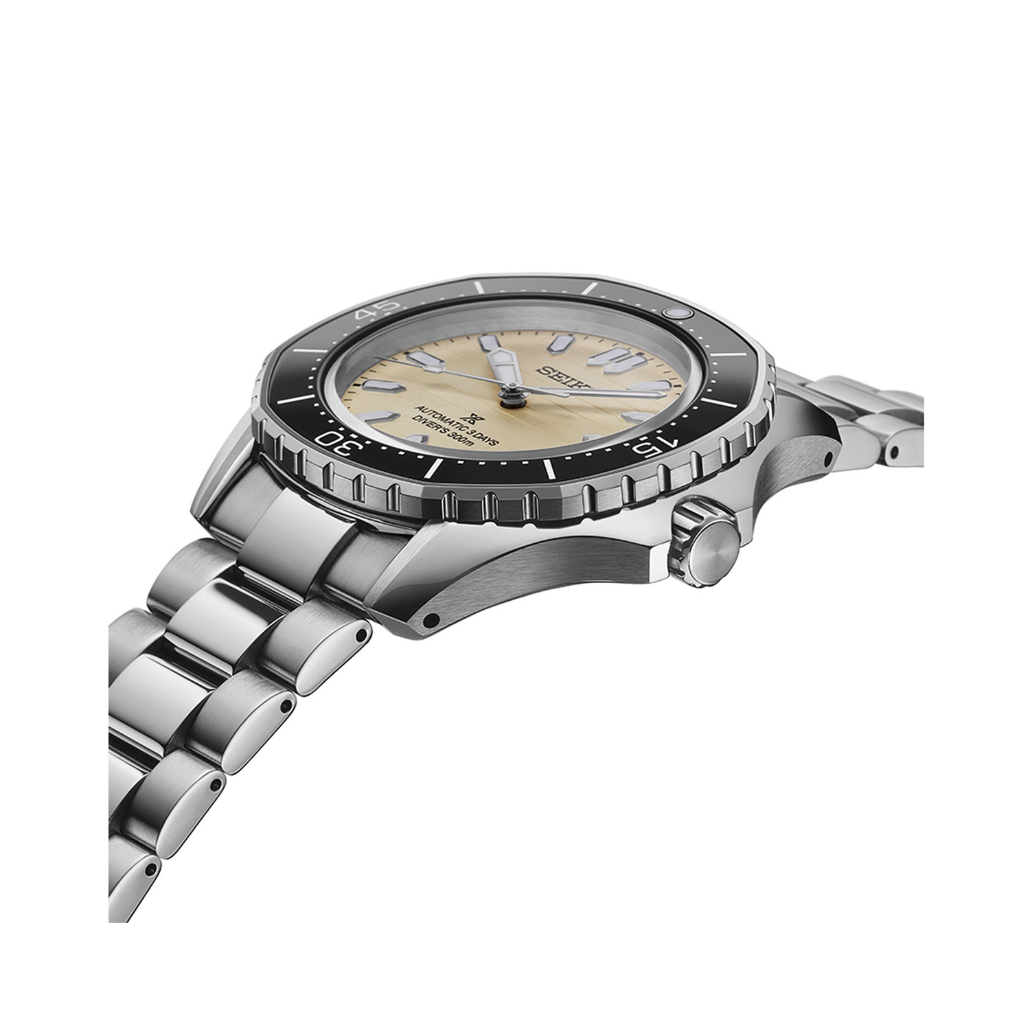 Seiko, Prospex 'Polygonal In Pearl White' with a 41.3mm stainless steel case and bracelet strap featuring a date function, a pearl white dial and a black bezel.