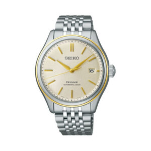 Seiko, Presage Classic Series in Delicate Cream Silk with a 40.2mm stainless steel case and bracelet strap featuring a date function and a champagne coloured dial.