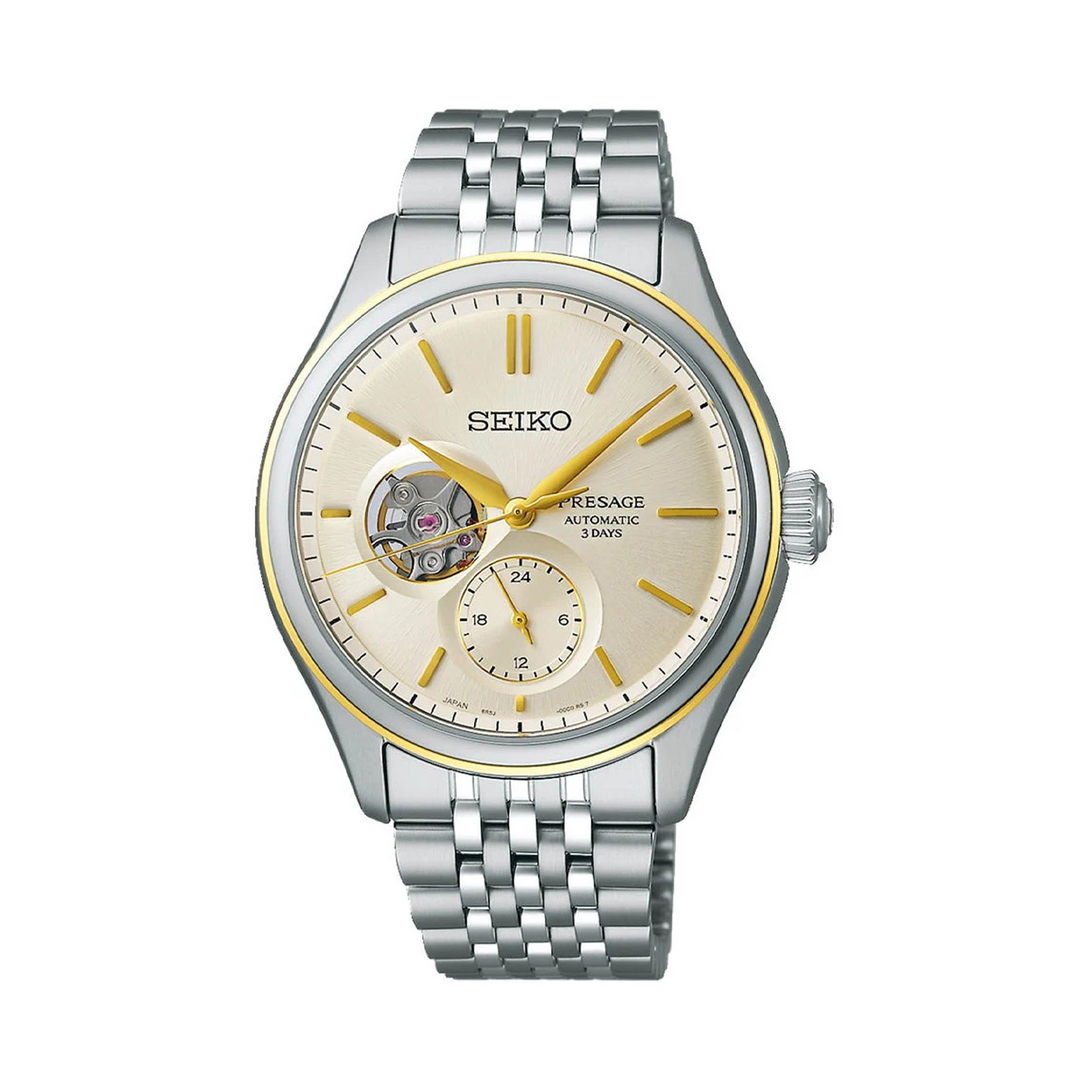 Seiko, Presage Classic Series 'Open Heart in Delicate Cream Silk' with a 40.2mm stainless steel case and bracelet strap featuring an open heart champagne coloured dial and a stop seconds function.