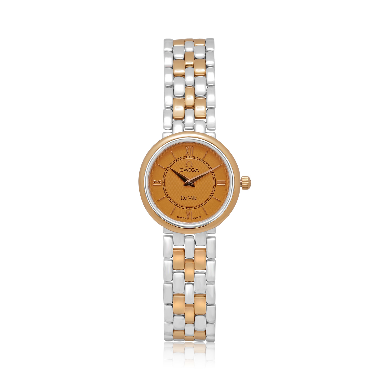 OMEGA, De Ville Two-Tone, Quartz Women's Watch OMEGA, De Ville with a 23mm two-tone stainless steel and yellow gold case and bracelet strap featuring a gold coloured dial.