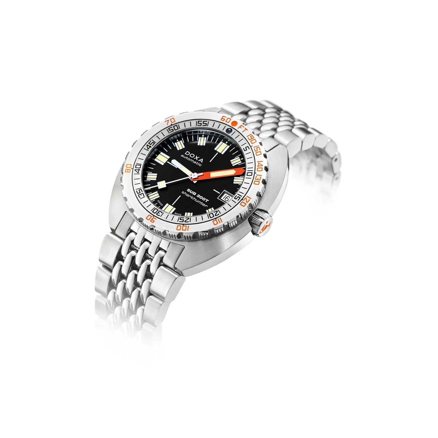 DOXA SUB 300T, Sharkhunter Black Dial, Automatic Men's Watch DOXA SUB 300T, Sharkhunter with a 42.5mm stainless steel case and bracelet strap featuring a date function and a black dial.