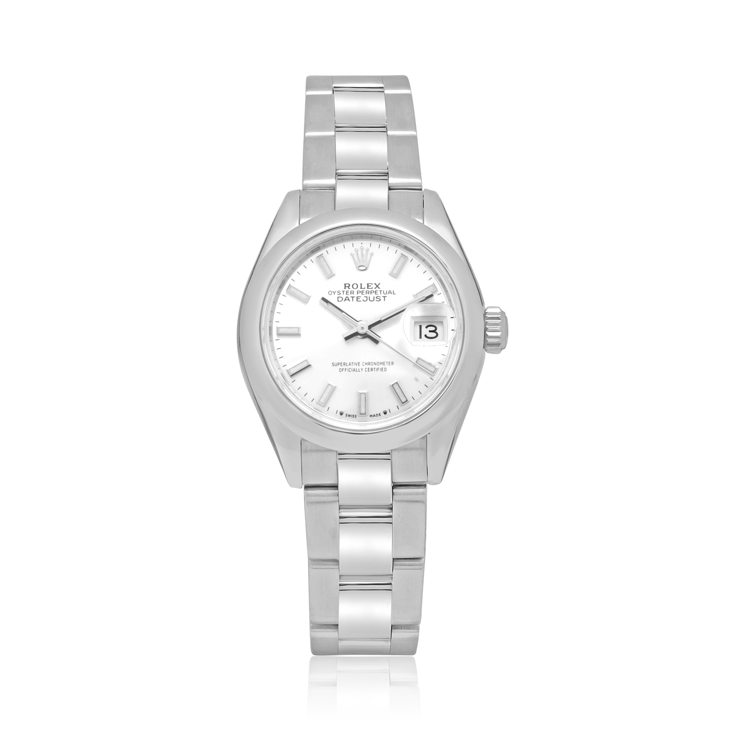 Rolex, Lady-Datejust with a 28mm Oystersteel case and Oyster bracelet featuring a date function and a silver coloured index dial.