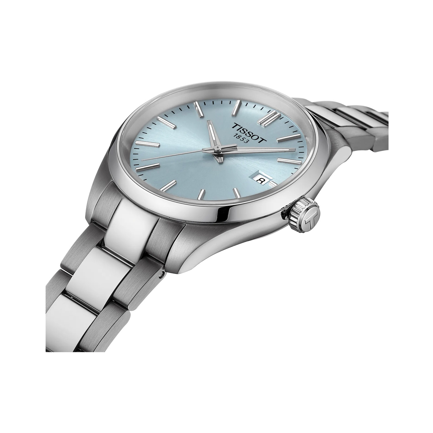 Tissot, PR 100 Ice Blue, Quartz Women's Watch Tissot, PR 100 Ice Blue with a 34mm stainless steel case and bracelet strap featuring a date function and an ice blue coloured dial.