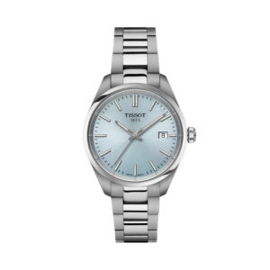 Tissot, PR 100 Ice Blue with a 34mm stainless steel case and bracelet strap featuring a date function and an ice blue coloured dial.