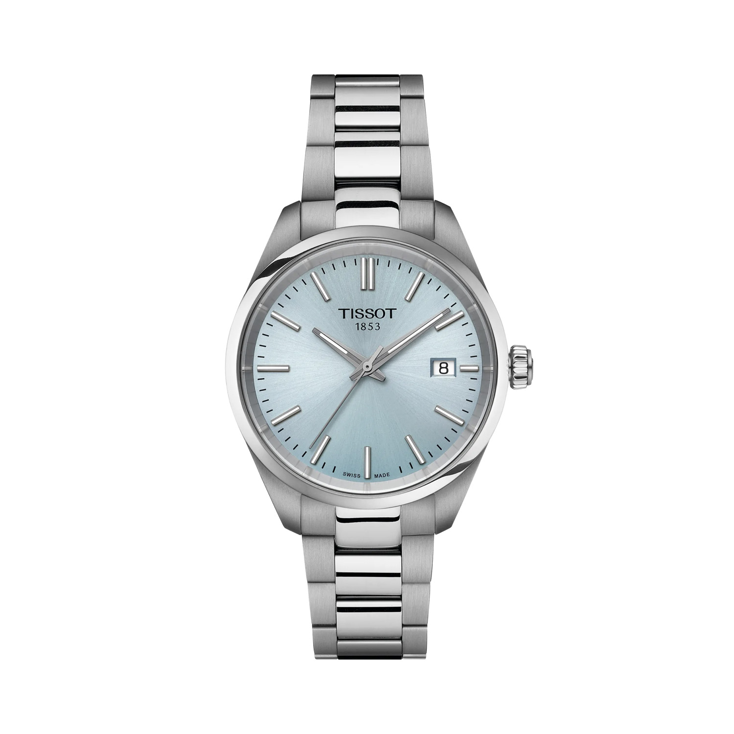 Tissot, PR 100 Ice Blue, Quartz Women's Watch Tissot, PR 100 Ice Blue with a 34mm stainless steel case and bracelet strap featuring a date function and an ice blue coloured dial.