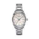 Tissot, PR 100 with a 34mm stainless steel case and bracelet strap featuring a date function on a white mother of pearl dial diamond set dial.